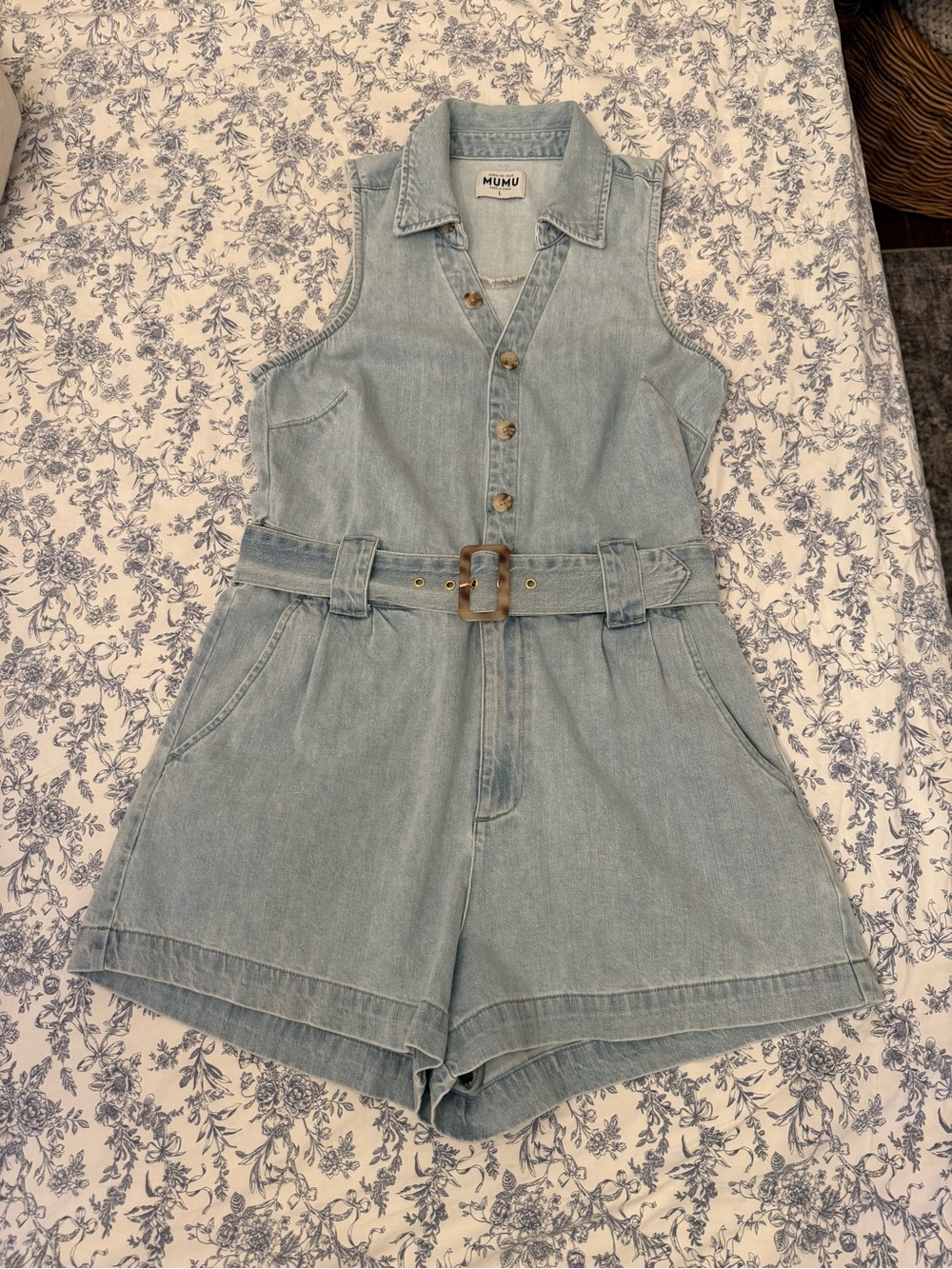 Show Me Your MuMu Light Blue Denim Romper Shorts with Belt